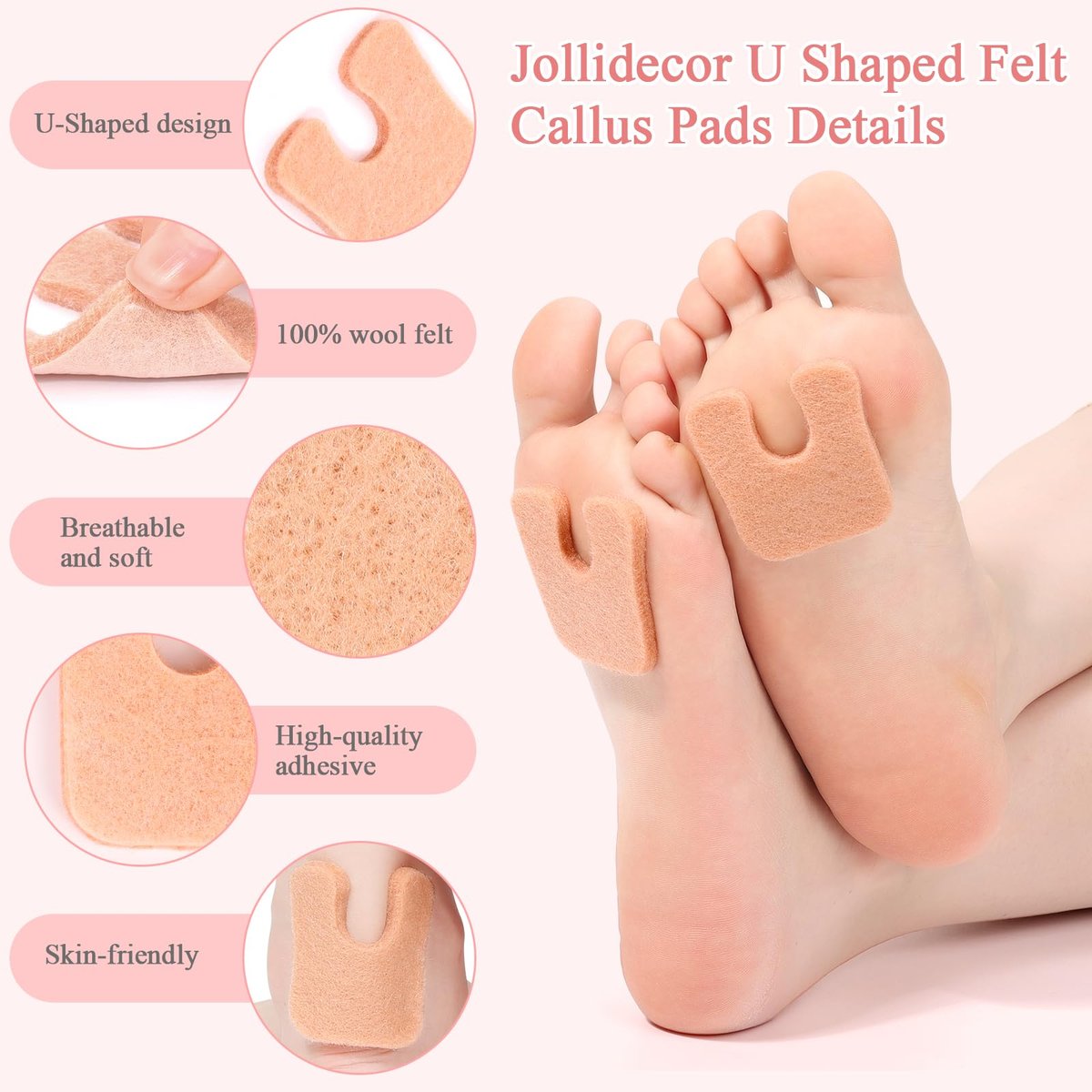 Jollidecor Hornhautpads U-förmig aus Filz – 72 selbstklebende Fußpads zum Schutz vor Reibung, beige