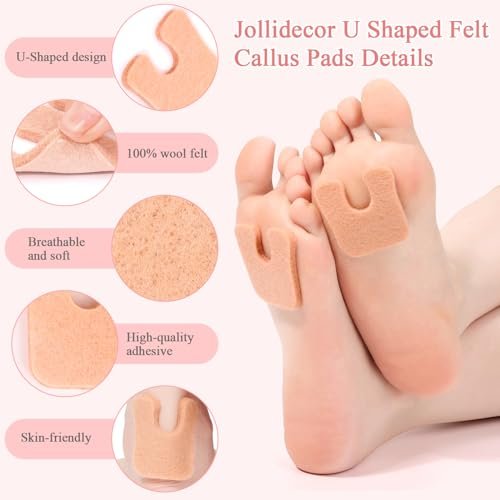 Jollidecor Hornhautpads U-förmig aus Filz – 72 selbstklebende Fußpads zum Schutz vor Reibung, beige