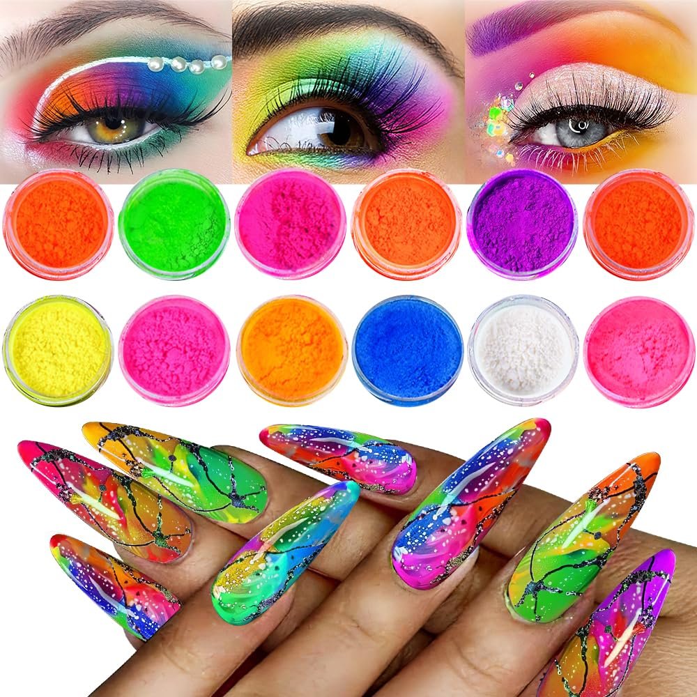Neno Pigmentpulver für Nägel, 12 Farben fluoreszierendes Regenbogen-Harzpigmentpulver für Acryl-Gradient-Smoke-Nägel, hochglänzende Farbpigmente für Halloween-Maniküre, Lidschatten und Lippenstift-Make-up