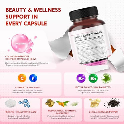 PEAKPURY Collagen Biotin Resveratrol Saw Palmetto – Haut- und Gelenkunterstützung, 150 Kapseln