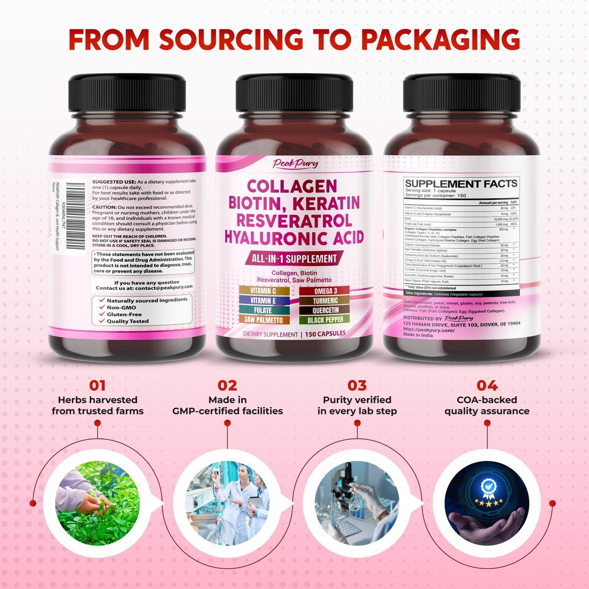 PEAKPURY Collagen Biotin Resveratrol Saw Palmetto – Haut- und Gelenkunterstützung, 150 Kapseln