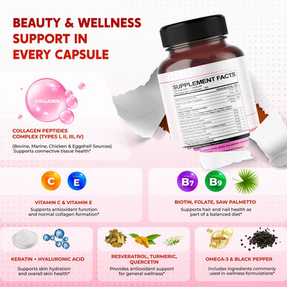 PEAKPURY Collagen Biotin Resveratrol Saw Palmetto – Haut- und Gelenkunterstützung, 150 Kapseln