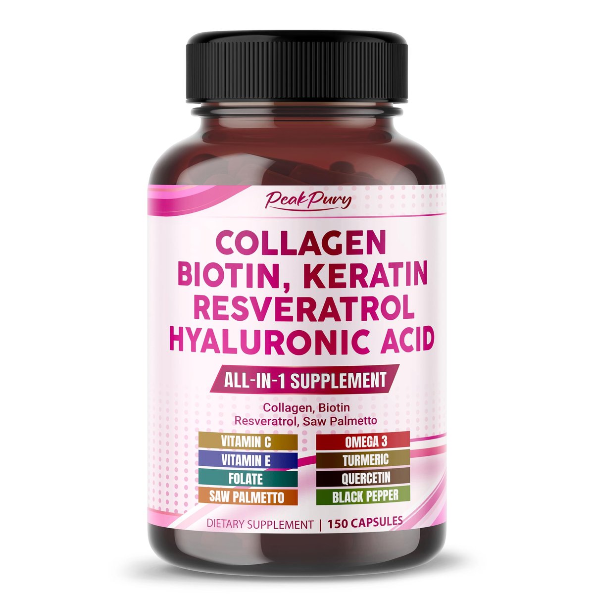 PEAKPURY Collagen Biotin Resveratrol Saw Palmetto – Haut- und Gelenkunterstützung, 150 Kapseln