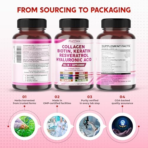 PEAKPURY Collagen Biotin Resveratrol Saw Palmetto – Haut- und Gelenkunterstützung, 150 Kapseln