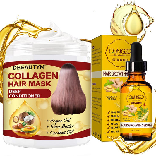 Collagen Haarmaske & Haarwachstums Serum – Tiefenpflegende Feuchtigkeitsmaske für trockenes, geschädigtes Haar, Haarwachstumsöl gegen Haarausfall, natürliche Haarregeneration für Männer und Frauen