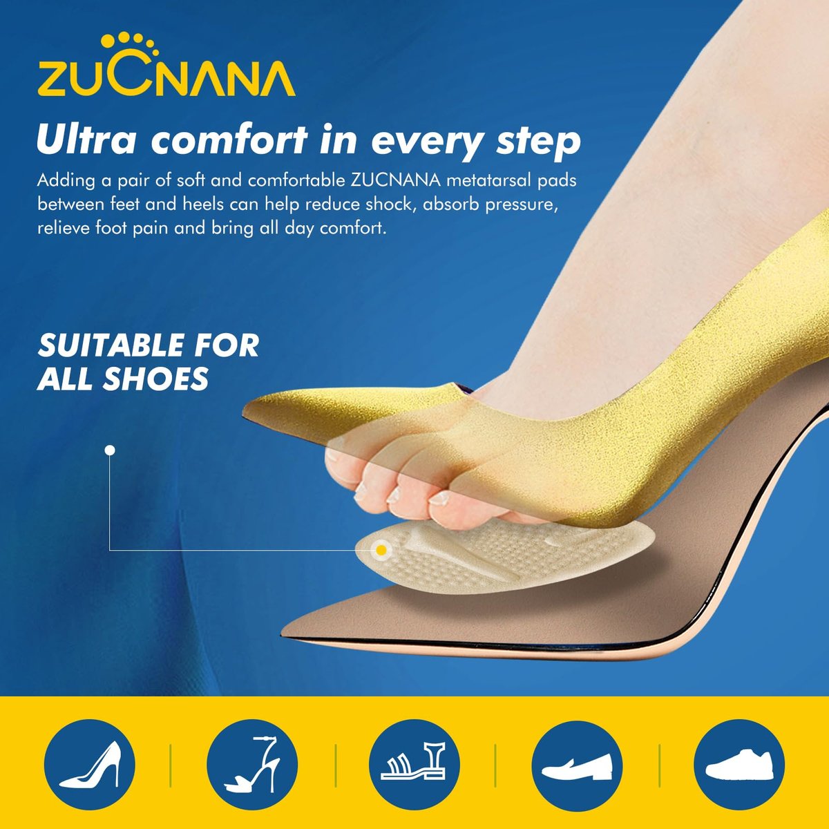ZUCNANA Ball-of-Foot-Polster für Frauen (2 Paar), Metatarsal-Pads, rutschfeste Fersenpolster, Gel-Fersenkissen zur Schmerzlinderung und Komfort | Einheitsgröße (Beige & Transparent)
