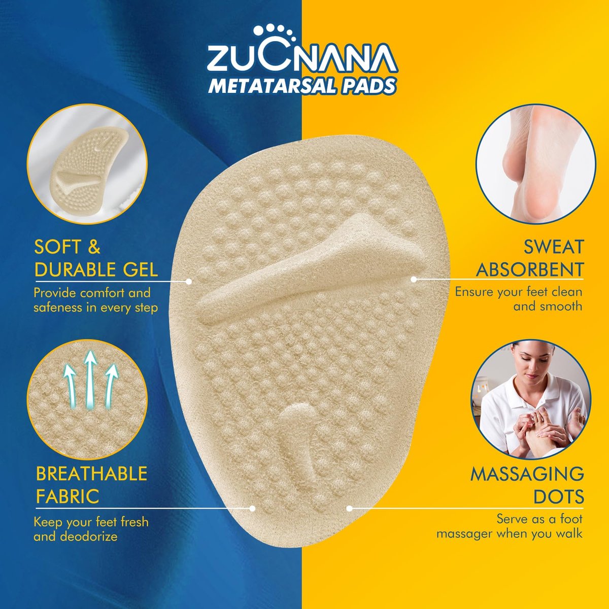 ZUCNANA Ball-of-Foot-Polster für Frauen (2 Paar), Metatarsal-Pads, rutschfeste Fersenpolster, Gel-Fersenkissen zur Schmerzlinderung und Komfort | Einheitsgröße (Beige & Transparent)