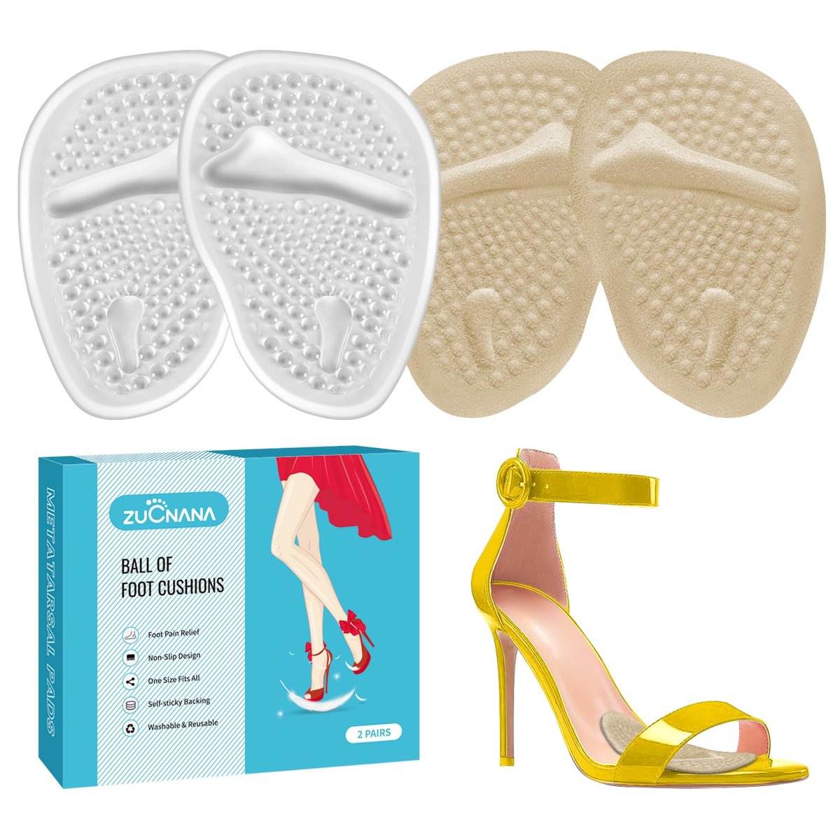 ZUCNANA Ball-of-Foot-Polster für Frauen (2 Paar), Metatarsal-Pads, rutschfeste Fersenpolster, Gel-Fersenkissen zur Schmerzlinderung und Komfort | Einheitsgröße (Beige & Transparent)