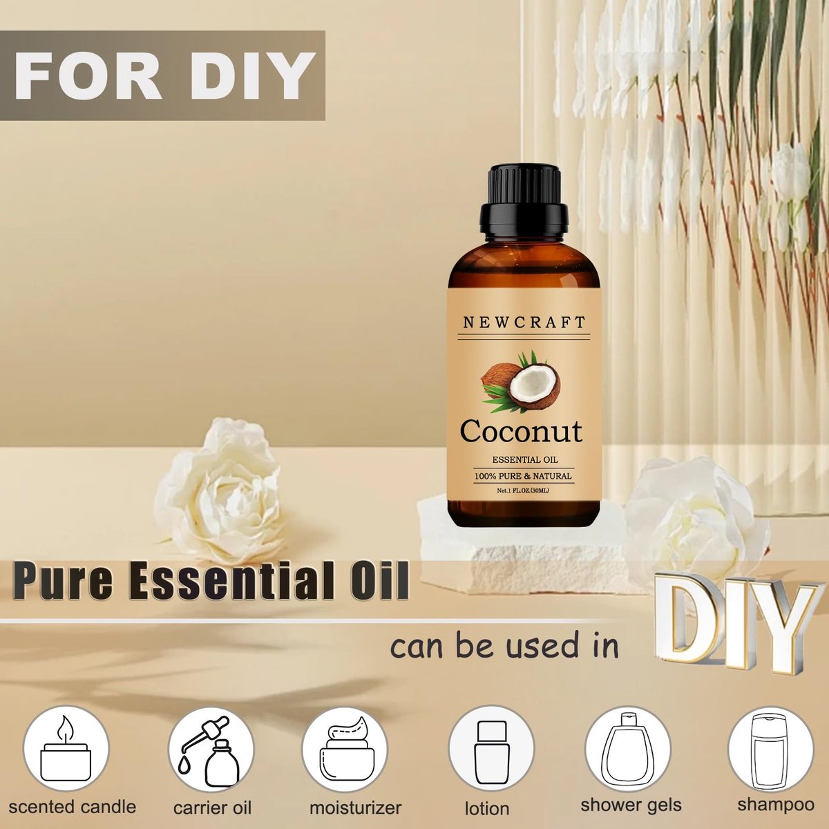 Kokosnuss Ätherisches Öl, 100% rein und natürlich, 30 ml – für Aromatherapie Diffuser