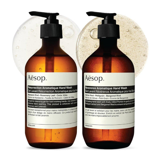 Aesop Resurrection & Reverence Aromatique Hand Wash Set – Nährendes Handwaschmittel & sanftes Peeling-Handseife Duo | Pflanzliche Reiniger mit hydratisierender ätherischer Ölmischung | je 500 ml (2er-Pack)