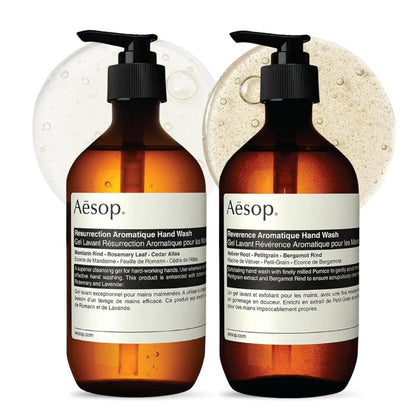 Aesop Resurrection & Reverence Aromatique Hand Wash Set – Nährendes Handwaschmittel & sanftes Peeling-Handseife Duo | Pflanzliche Reiniger mit hydratisierender ätherischer Ölmischung | je 500 ml (2er-Pack)