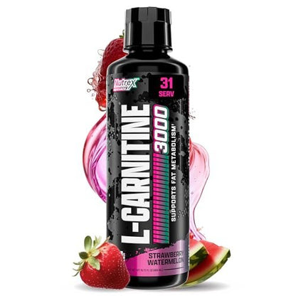 Nutrex Research L-Carnitin 3000 – Hochdosiertes L-Carnitin Liquid für Energie, Stoffwechsel & Muskelregeneration – Leckerer Erdbeer-Wassermelonen-Geschmack – Ohne Zucker, Kohlenhydrate & Stimulanzien – 31 Portionen