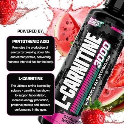 Nutrex Research L-Carnitin 3000 – Hochdosiertes L-Carnitin Liquid für Energie, Stoffwechsel & Muskelregeneration – Leckerer Erdbeer-Wassermelonen-Geschmack – Ohne Zucker, Kohlenhydrate & Stimulanzien – 31 Portionen