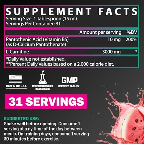 Nutrex Research L-Carnitin 3000 – Hochdosiertes L-Carnitin Liquid für Energie, Stoffwechsel & Muskelregeneration – Leckerer Erdbeer-Wassermelonen-Geschmack – Ohne Zucker, Kohlenhydrate & Stimulanzien – 31 Portionen