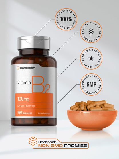 Horbäach Vitamin B2 100 mg – 180 Kapseln | Riboflavin Nahrungsergänzung | Non-GMO & Glutenfrei