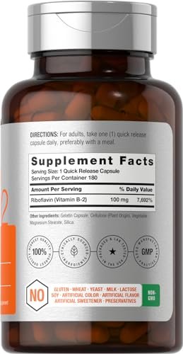 Horbäach Vitamin B2 100 mg – 180 Kapseln | Riboflavin Nahrungsergänzung | Non-GMO & Glutenfrei