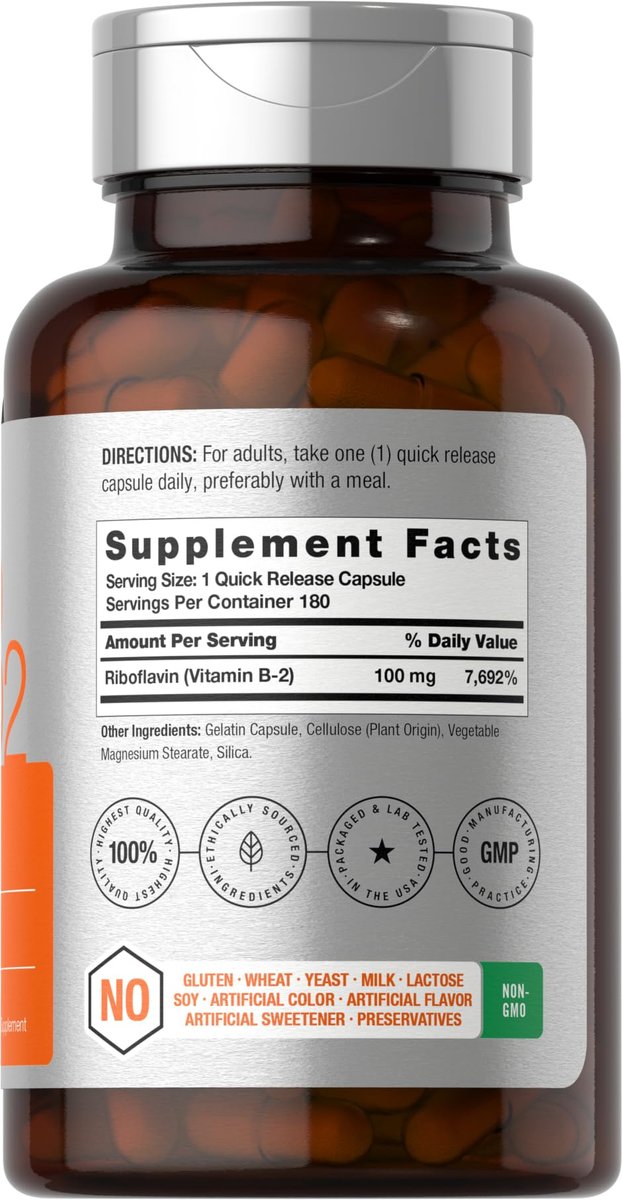 Horbäach Vitamin B2 100 mg – 180 Kapseln | Riboflavin Nahrungsergänzung | Non-GMO & Glutenfrei