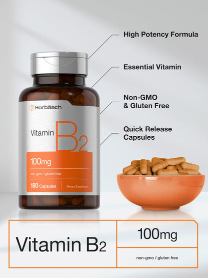 Horbäach Vitamin B2 100 mg – 180 Kapseln | Riboflavin Nahrungsergänzung | Non-GMO & Glutenfrei