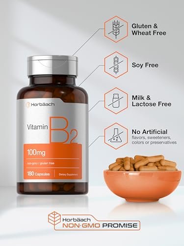Horbäach Vitamin B2 100 mg – 180 Kapseln | Riboflavin Nahrungsergänzung | Non-GMO & Glutenfrei