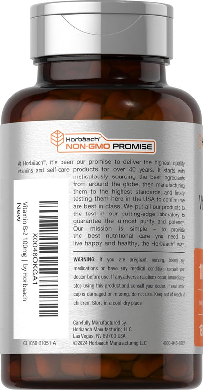 Horbäach Vitamin B2 100 mg – 180 Kapseln | Riboflavin Nahrungsergänzung | Non-GMO & Glutenfrei