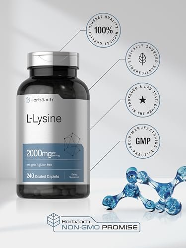 Horbäach L-Lysin Supplement 2000mg | 240 Kapseln | Freies L-Lysin Hydrochlorid | Vegetarisch, Ohne Gentechnik, Glutenfrei