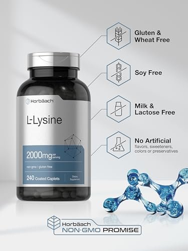 Horbäach L-Lysin Supplement 2000mg | 240 Kapseln | Freies L-Lysin Hydrochlorid | Vegetarisch, Ohne Gentechnik, Glutenfrei