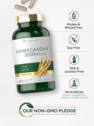 Carlyle Ashwagandha Nahrungsergänzung für Männer und Frauen | 300 Kapseln | Wurzelextrakt mit schwarzem Pfeffer | Non-GMO & Glutenfrei
