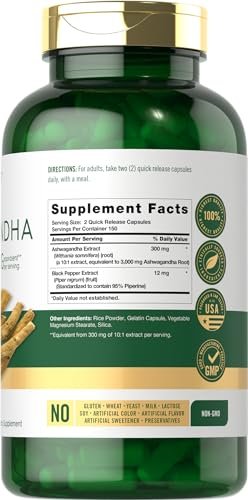Carlyle Ashwagandha Nahrungsergänzung für Männer und Frauen | 300 Kapseln | Wurzelextrakt mit schwarzem Pfeffer | Non-GMO & Glutenfrei