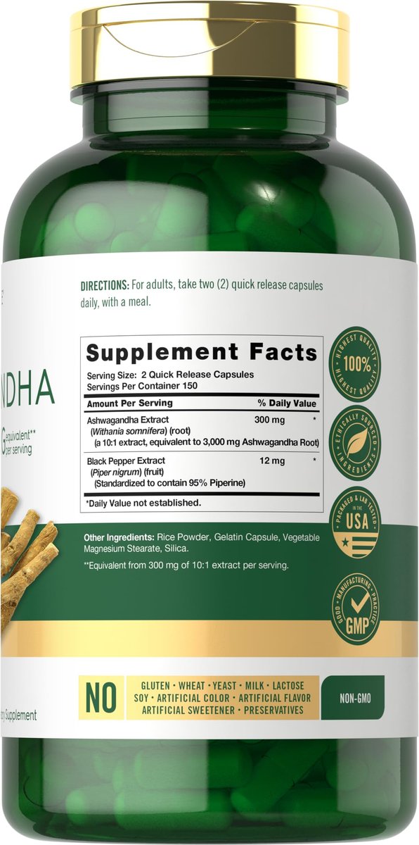 Carlyle Ashwagandha Nahrungsergänzung für Männer und Frauen | 300 Kapseln | Wurzelextrakt mit schwarzem Pfeffer | Non-GMO & Glutenfrei