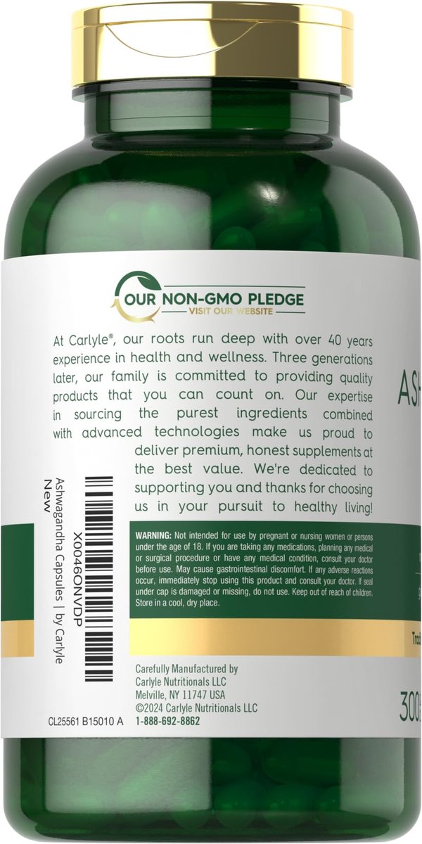 Carlyle Ashwagandha Nahrungsergänzung für Männer und Frauen | 300 Kapseln | Wurzelextrakt mit schwarzem Pfeffer | Non-GMO & Glutenfrei