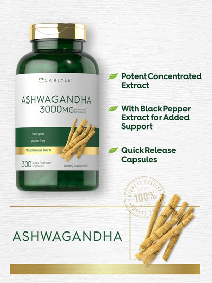 Carlyle Ashwagandha Nahrungsergänzung für Männer und Frauen | 300 Kapseln | Wurzelextrakt mit schwarzem Pfeffer | Non-GMO & Glutenfrei