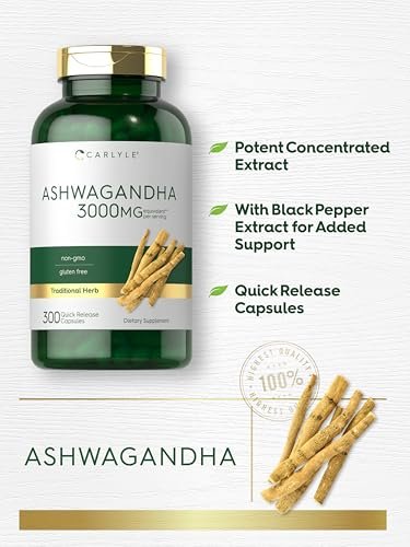 Carlyle Ashwagandha Nahrungsergänzung für Männer und Frauen | 300 Kapseln | Wurzelextrakt mit schwarzem Pfeffer | Non-GMO & Glutenfrei