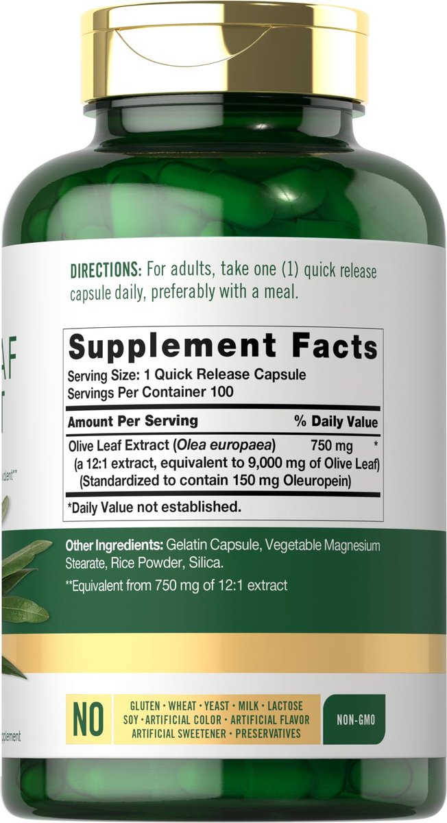 Carlyle Olivenblattextrakt 750 mg | 100 Kapseln | Mit Oleuropein | Nicht-GVO, Glutenfrei