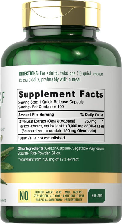 Carlyle Olivenblattextrakt 750 mg | 100 Kapseln | Mit Oleuropein | Nicht-GVO, Glutenfrei