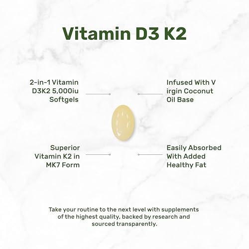 DEAL SUPPLEMENT Vitamin D3 5.000 IE + K2 MK7 100 mcg Softgels | 2-in-1 Komplex mit nativem Kokosöl | Unterstützt Herz, Knochen, Zähne & Immunsystem | Leicht zu schlucken