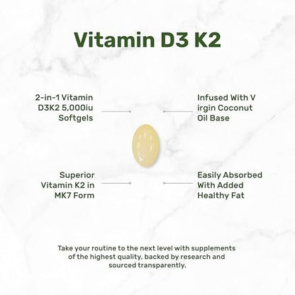 DEAL SUPPLEMENT Vitamin D3 5.000 IE + K2 MK7 100 mcg Softgels | 2-in-1 Komplex mit nativem Kokosöl | Unterstützt Herz, Knochen, Zähne & Immunsystem | Leicht zu schlucken