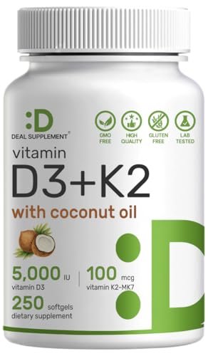 DEAL SUPPLEMENT Vitamin D3 5.000 IE + K2 MK7 100 mcg Softgels | 2-in-1 Komplex mit nativem Kokosöl | Unterstützt Herz, Knochen, Zähne & Immunsystem | Leicht zu schlucken