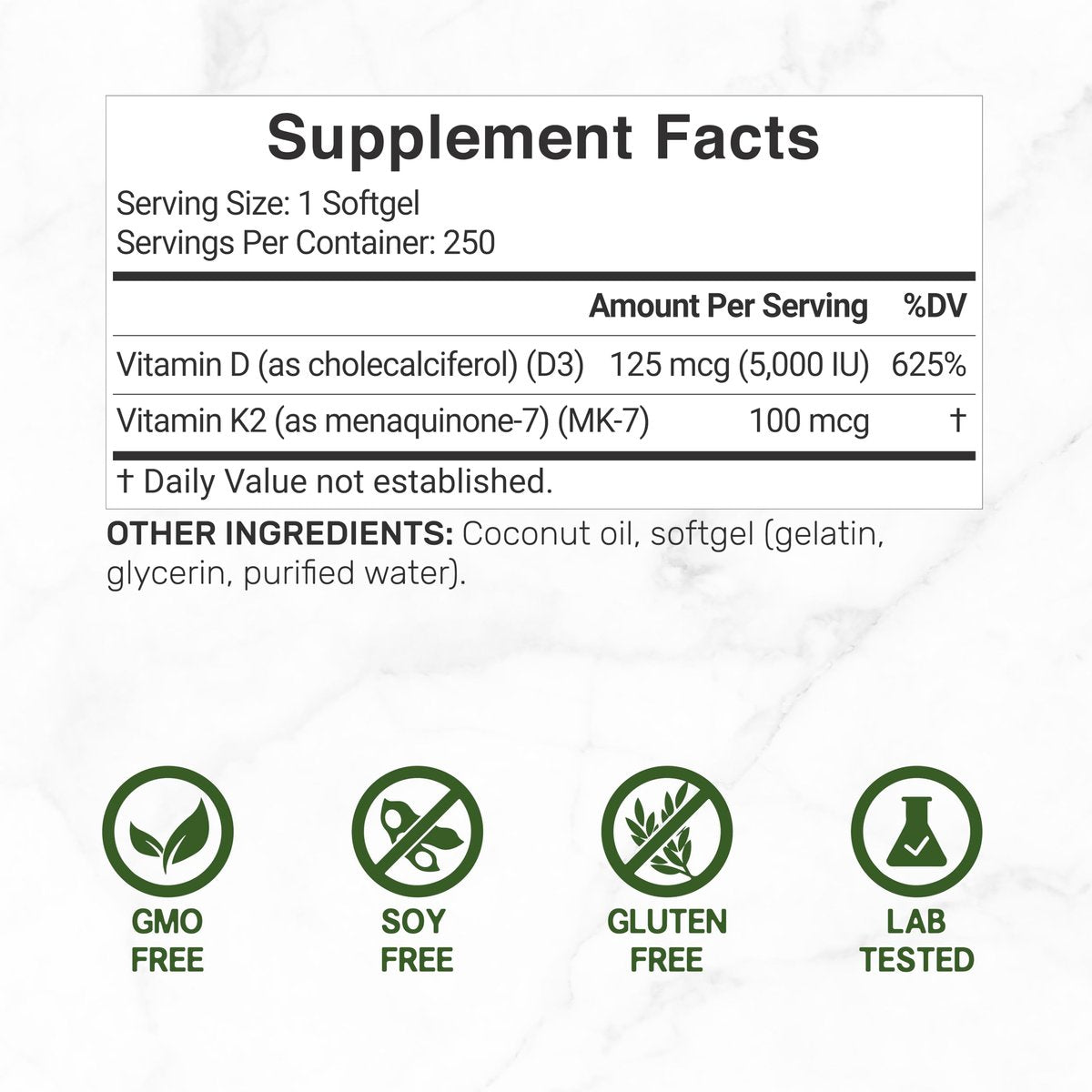 DEAL SUPPLEMENT Vitamin D3 5.000 IE + K2 MK7 100 mcg Softgels | 2-in-1 Komplex mit nativem Kokosöl | Unterstützt Herz, Knochen, Zähne & Immunsystem | Leicht zu schlucken