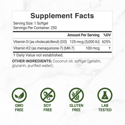 DEAL SUPPLEMENT Vitamin D3 5.000 IE + K2 MK7 100 mcg Softgels | 2-in-1 Komplex mit nativem Kokosöl | Unterstützt Herz, Knochen, Zähne & Immunsystem | Leicht zu schlucken