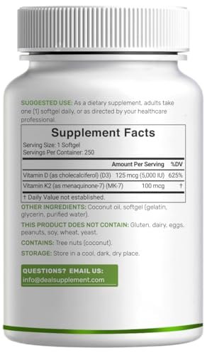 DEAL SUPPLEMENT Vitamin D3 5.000 IE + K2 MK7 100 mcg Softgels | 2-in-1 Komplex mit nativem Kokosöl | Unterstützt Herz, Knochen, Zähne & Immunsystem | Leicht zu schlucken