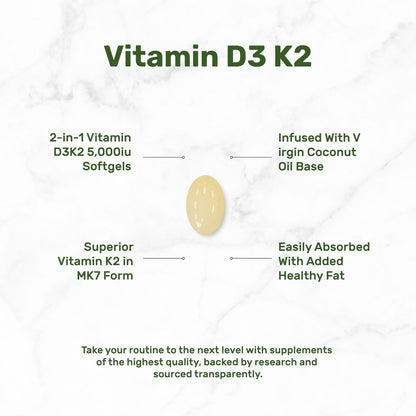 DEAL SUPPLEMENT Vitamin D3 5.000 IE + K2 MK7 100 mcg Softgels | 2-in-1 Komplex mit nativem Kokosöl | Unterstützt Herz, Knochen, Zähne & Immunsystem | Leicht zu schlucken