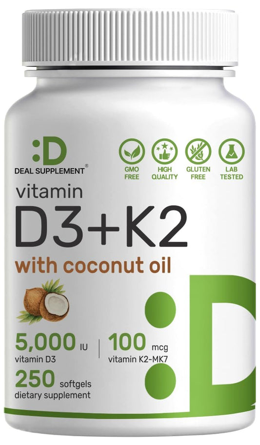DEAL SUPPLEMENT Vitamin D3 5.000 IE + K2 MK7 100 mcg Softgels | 2-in-1 Komplex mit nativem Kokosöl | Unterstützt Herz, Knochen, Zähne & Immunsystem | Leicht zu schlucken