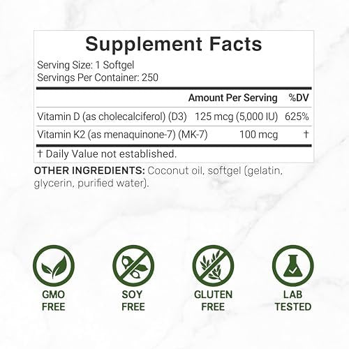 DEAL SUPPLEMENT Vitamin D3 5.000 IE + K2 MK7 100 mcg Softgels | 2-in-1 Komplex mit nativem Kokosöl | Unterstützt Herz, Knochen, Zähne & Immunsystem | Leicht zu schlucken