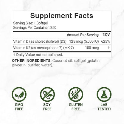 DEAL SUPPLEMENT Vitamin D3 5.000 IE + K2 MK7 100 mcg Softgels | 2-in-1 Komplex mit nativem Kokosöl | Unterstützt Herz, Knochen, Zähne & Immunsystem | Leicht zu schlucken