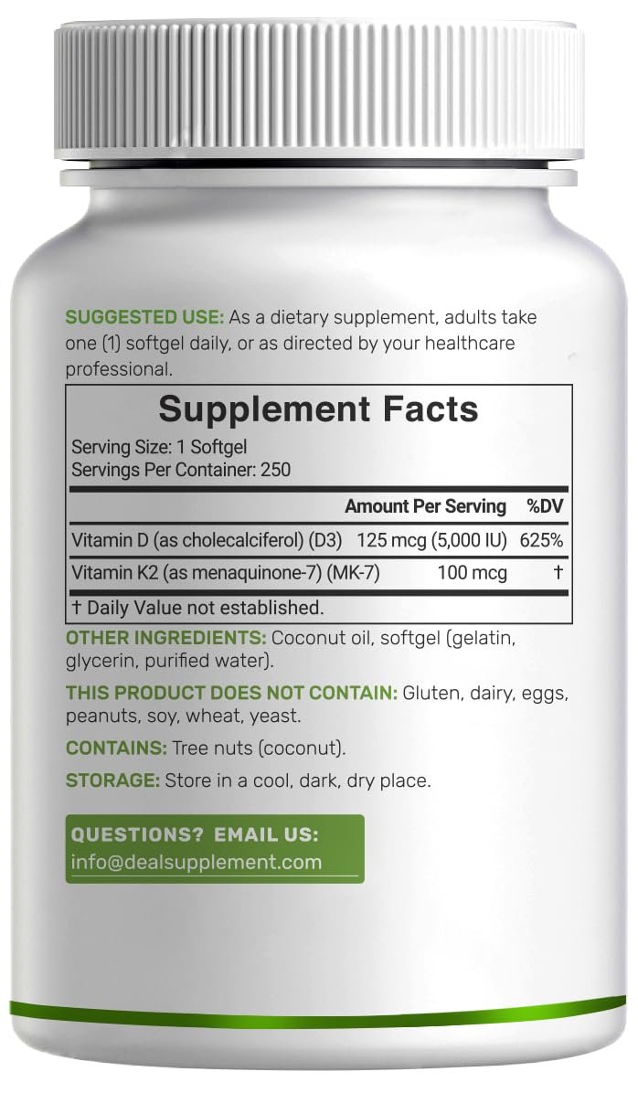 DEAL SUPPLEMENT Vitamin D3 5.000 IE + K2 MK7 100 mcg Softgels | 2-in-1 Komplex mit nativem Kokosöl | Unterstützt Herz, Knochen, Zähne & Immunsystem | Leicht zu schlucken