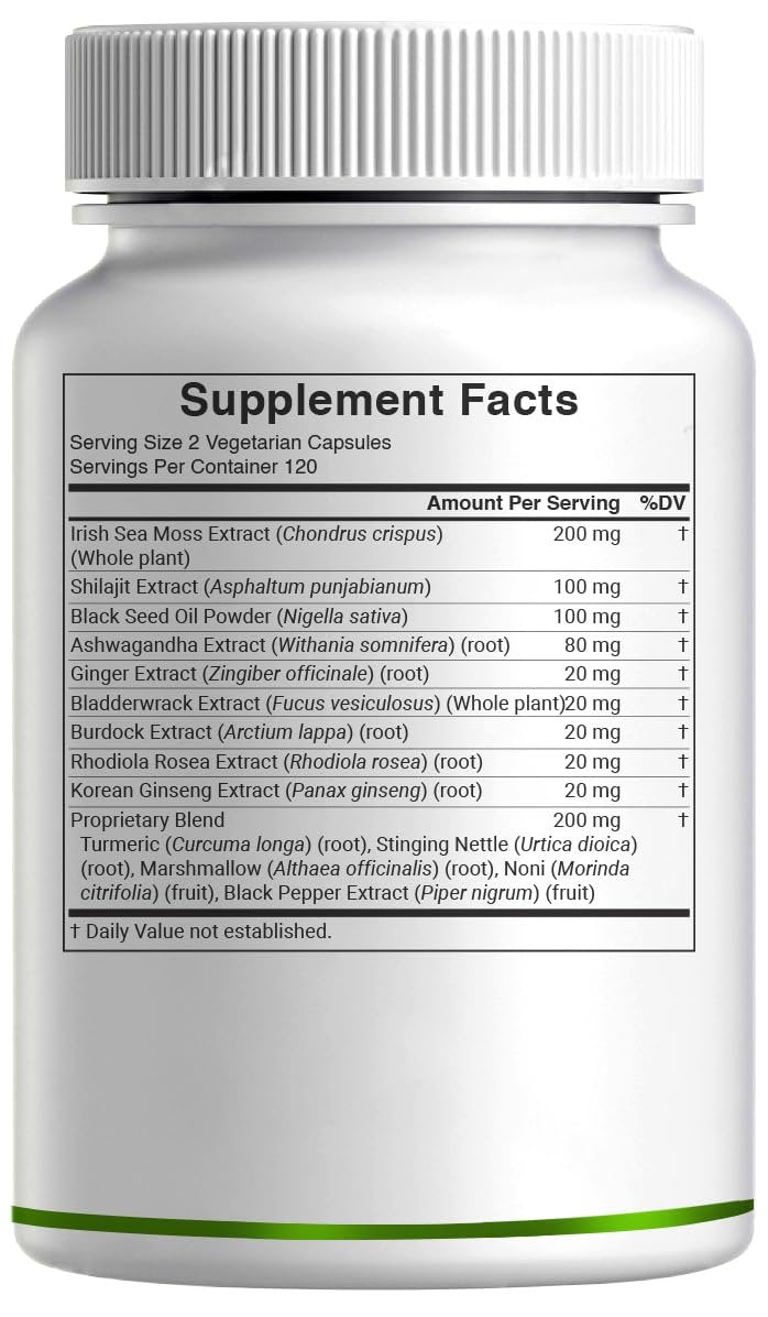 DEAL SUPPLEMENT Irish Sea Moss 240 vegane Kapseln – 14 Superfood-Komplex mit Schwarzkümmelöl, Ashwagandha & Ingwer