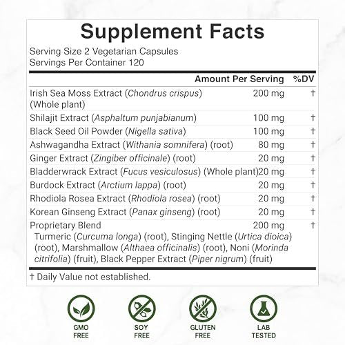 DEAL SUPPLEMENT Irish Sea Moss 240 vegane Kapseln – 14 Superfood-Komplex mit Schwarzkümmelöl, Ashwagandha & Ingwer