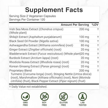 DEAL SUPPLEMENT Irish Sea Moss 240 vegane Kapseln – 14 Superfood-Komplex mit Schwarzkümmelöl, Ashwagandha & Ingwer