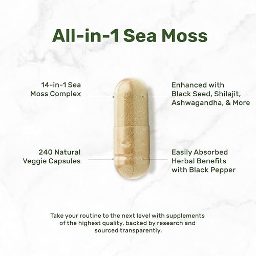 DEAL SUPPLEMENT Irish Sea Moss 240 vegane Kapseln – 14 Superfood-Komplex mit Schwarzkümmelöl, Ashwagandha & Ingwer