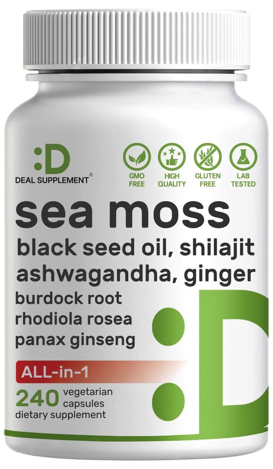 DEAL SUPPLEMENT Irish Sea Moss 240 vegane Kapseln – 14 Superfood-Komplex mit Schwarzkümmelöl, Ashwagandha & Ingwer